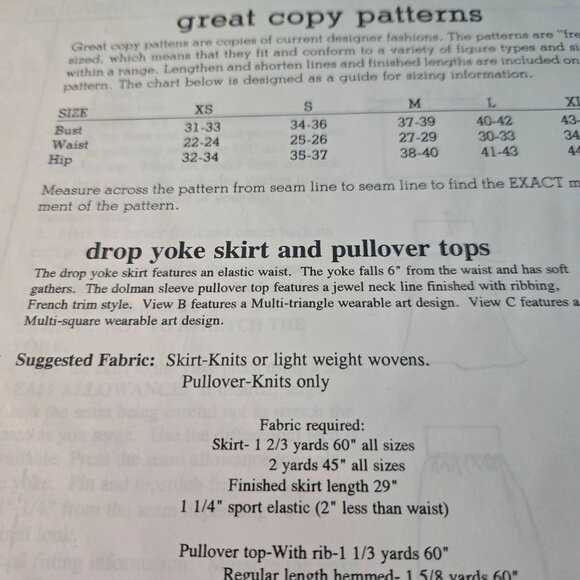 Great Copy Patterns #1225 Sewing/Serger Drop Yoke Skirt/Pullover Top 90s UNCUT - Picture 5 of 8